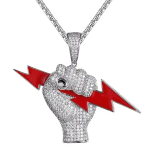 14K White Gold Tone Bolt Fist Lightning Icy Custom Pendant